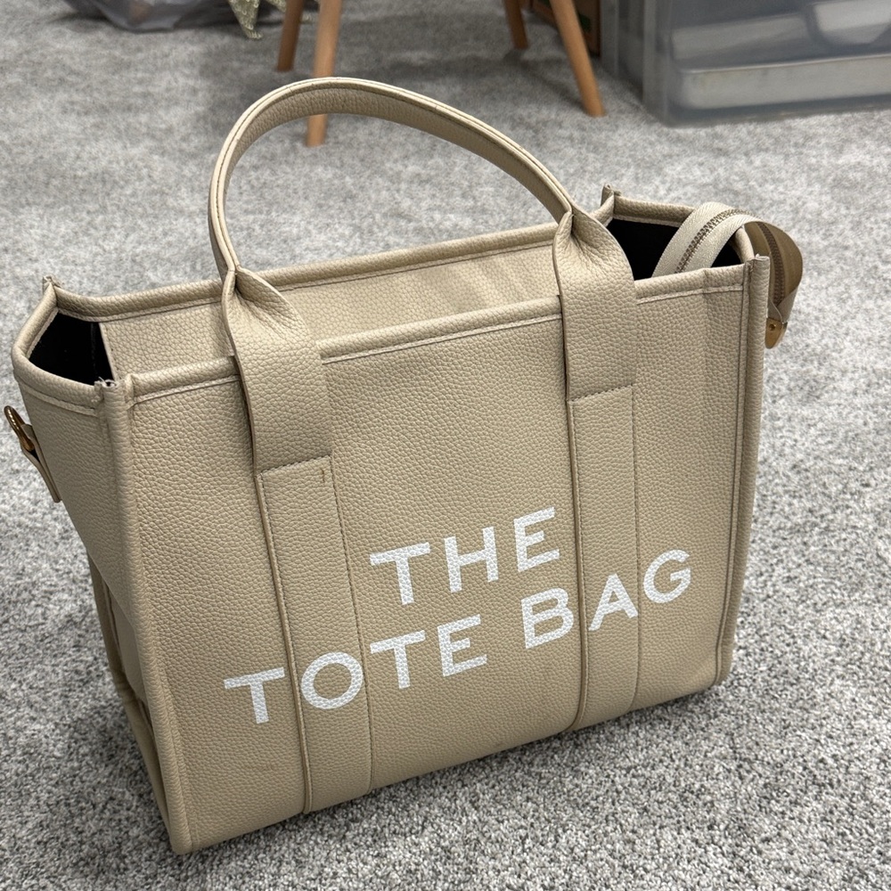 Beige Tote Bag with White Text